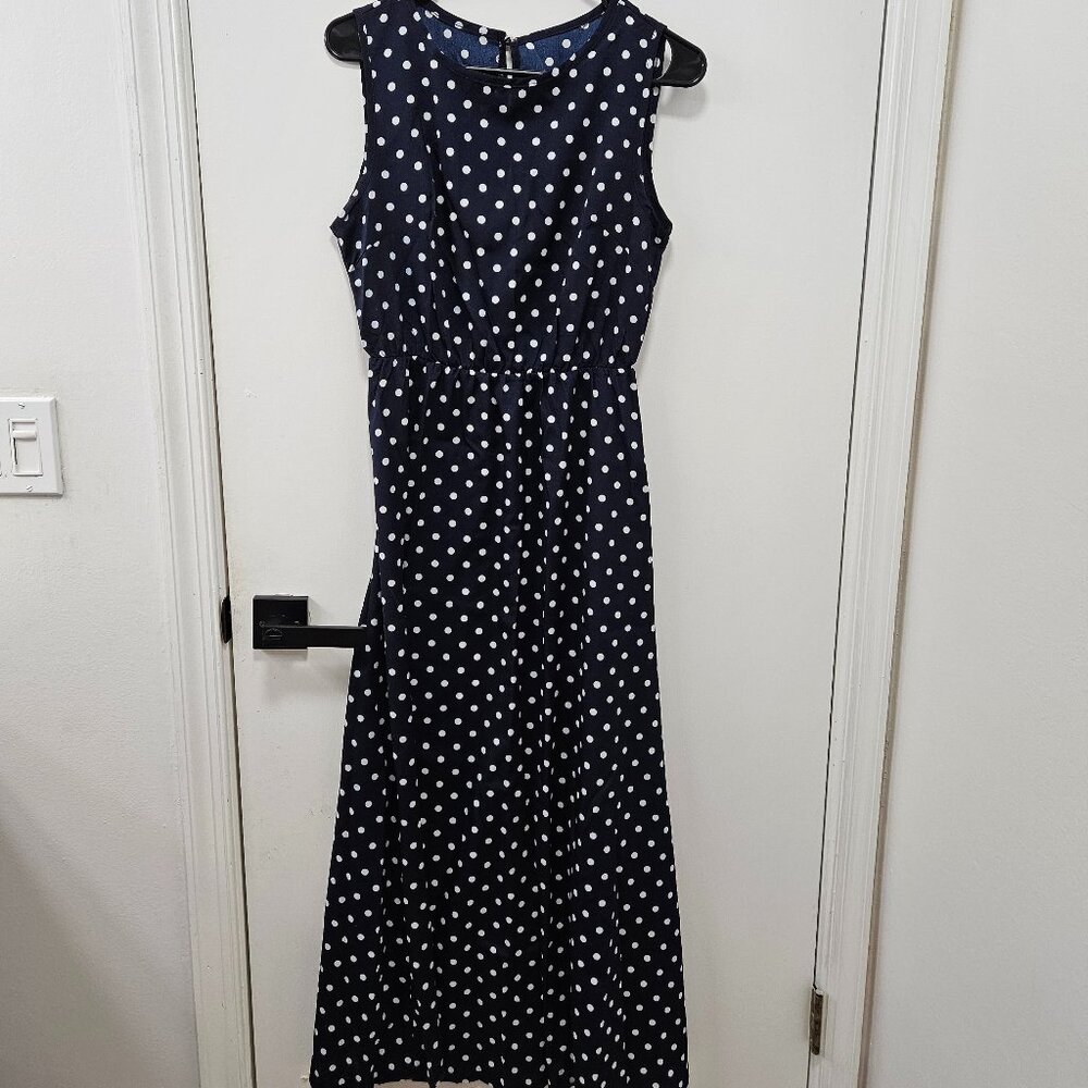 Classic Navy and White Polka Dot Sleeveless Maxi Dress